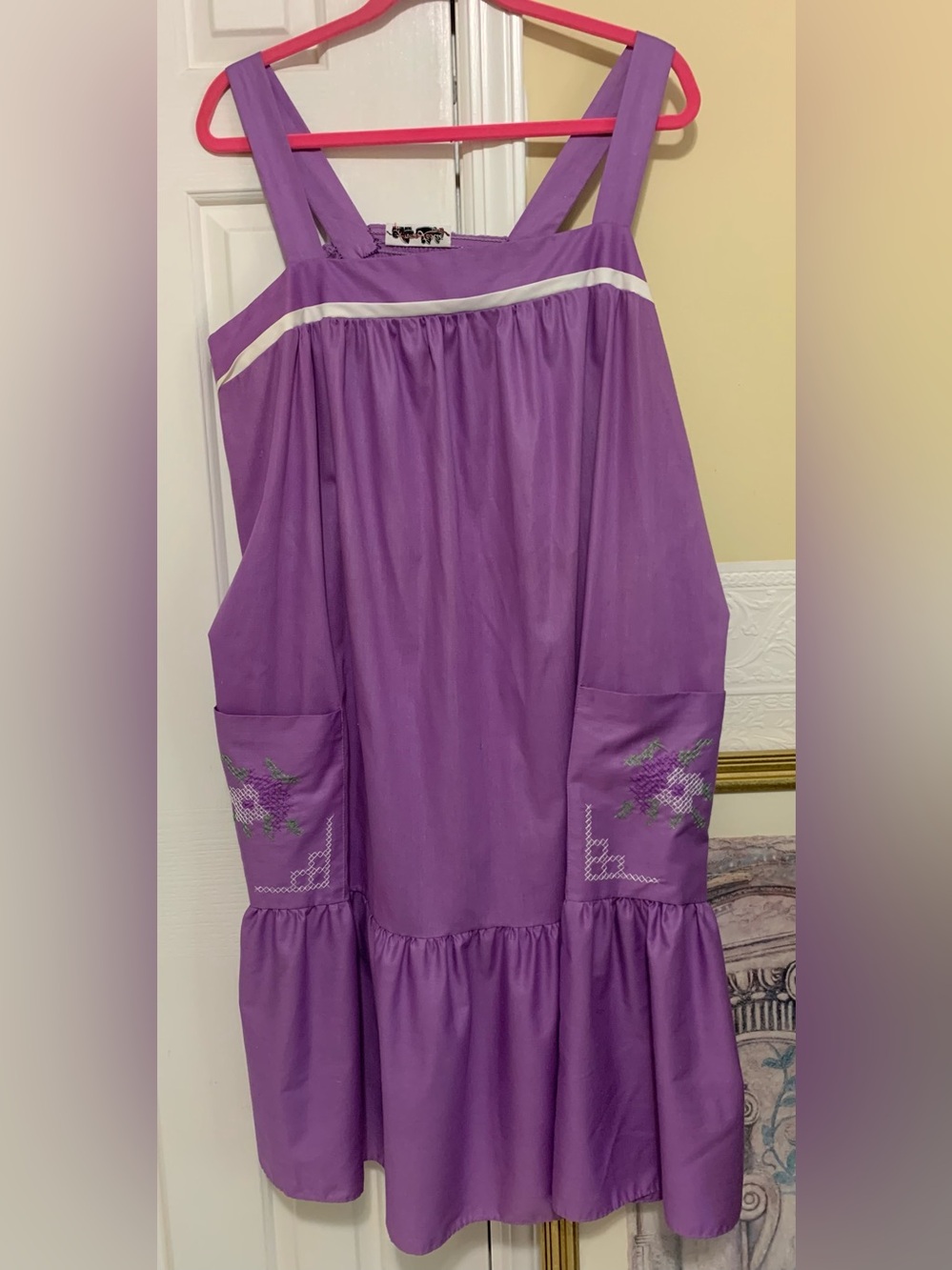 Vintage Purple Apron Dress Floral Embroidered 1970’s Size XXL no tag (read)